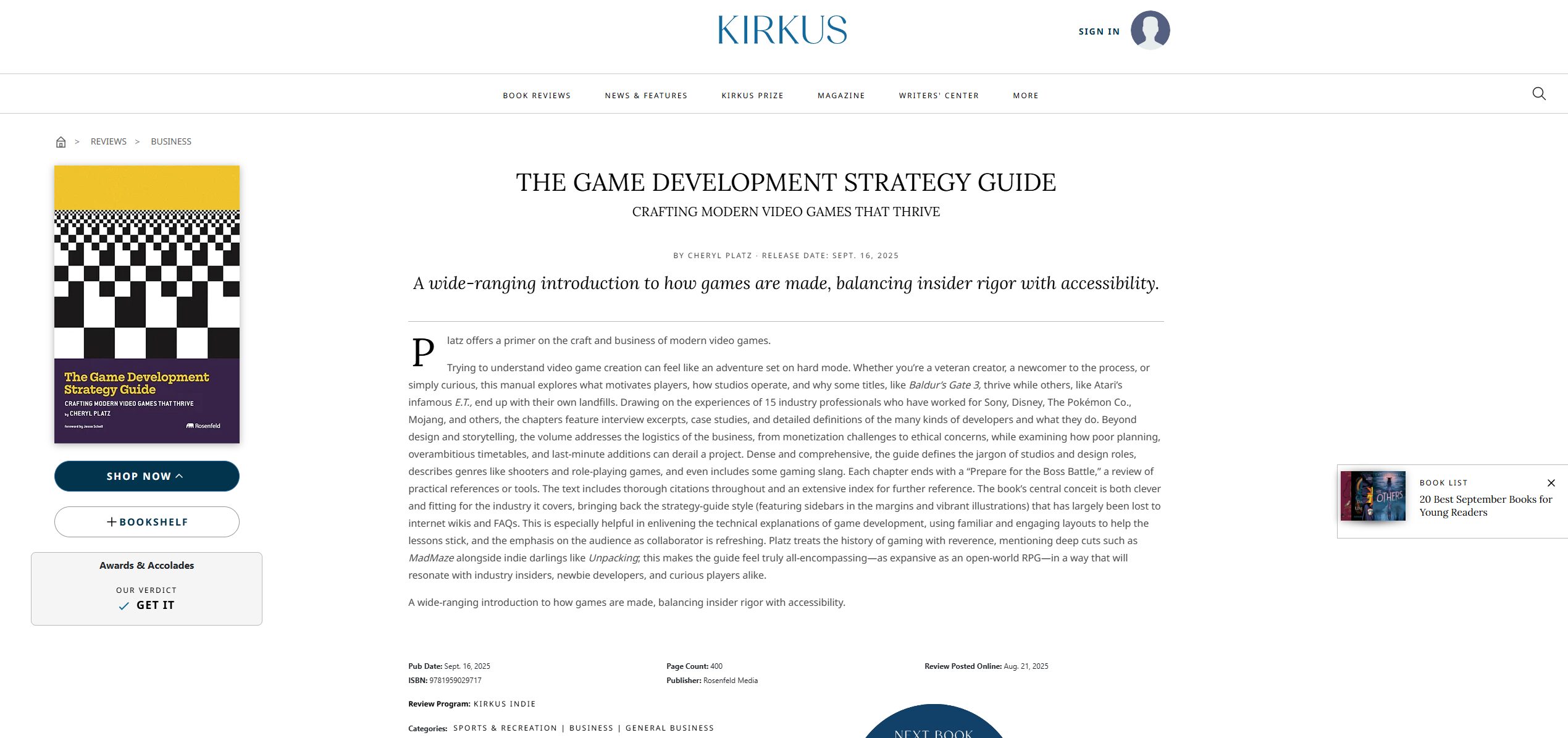 The Game Development Strategy Guide receives “Get It” recommendation from Kirkus Reviews