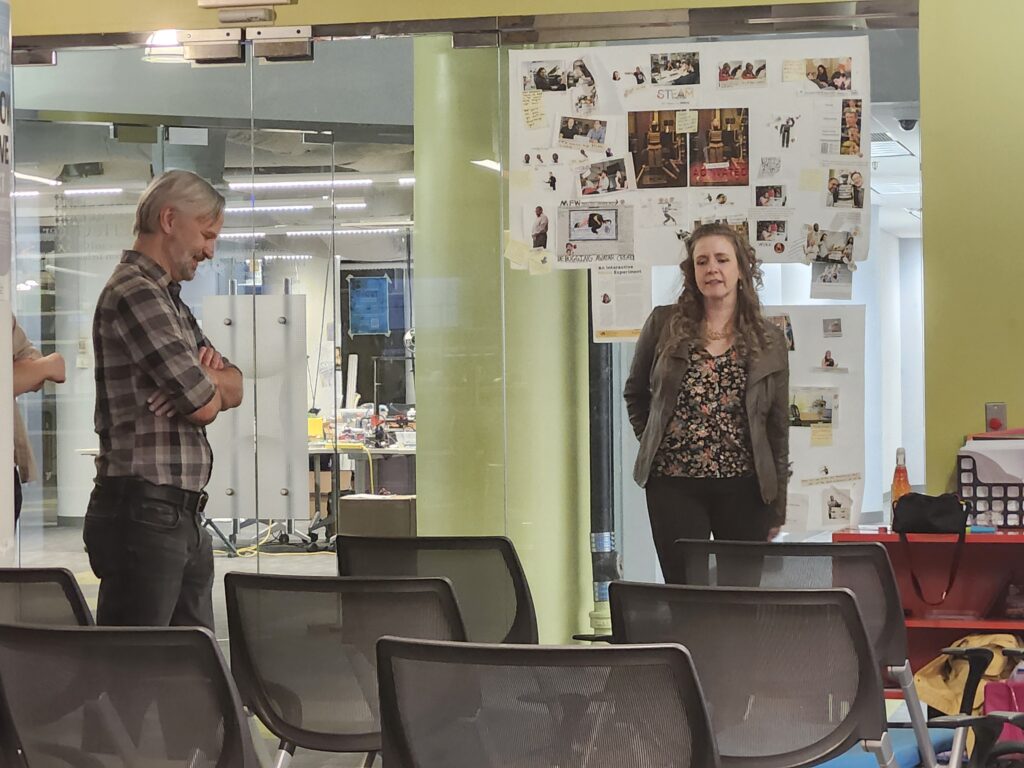 Author Cheryl Platz engages in pre-session discussion with the leaders of the Entrepreneurial Game Studio at Drexel University.