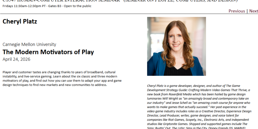 Cheryl Platz gives guest lecture on the Motivators of Play for Stanford University