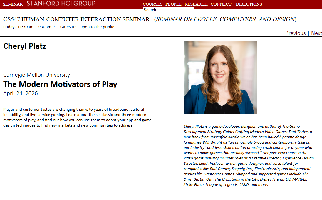 Cheryl Platz gives guest lecture on the Motivators of Play for Stanford University